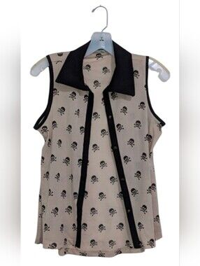 Julie's Closet Women's Medium Tan Black Sleeveless Button Down Skull Tank Blouse